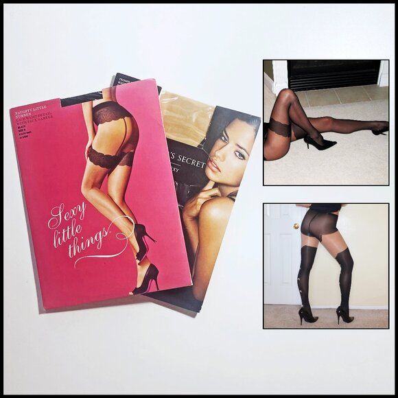 2 NEW VICTORIAS SECRET PANTYHOSE 1 BLK FAUX GARTER & 1 NUDE/BLK FAUX THIGH HIGH - Picture 1 of 9